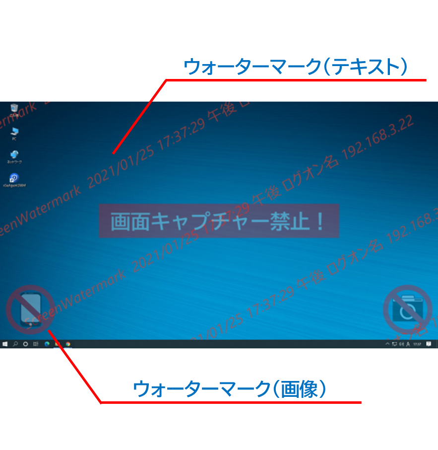 スクリーンウォーターマークでウォーターマーク(電子透かし文字)を表示させたデスクトップ画像